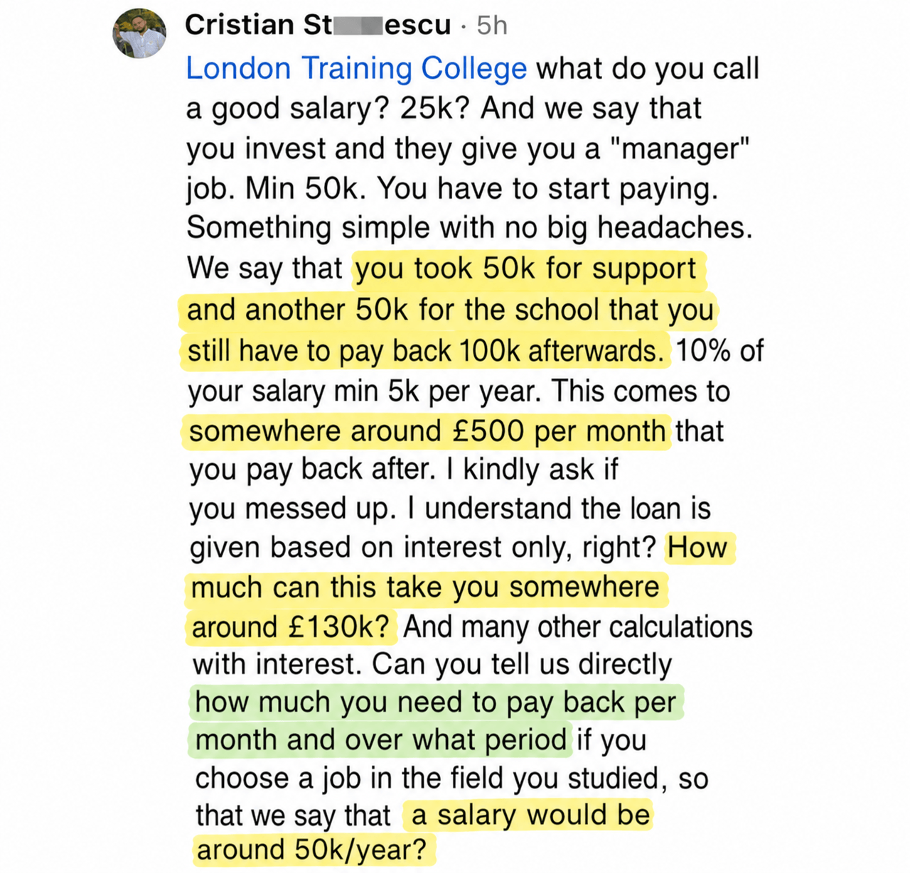Screenshot - Facebook comment about the Student Finance calculation
