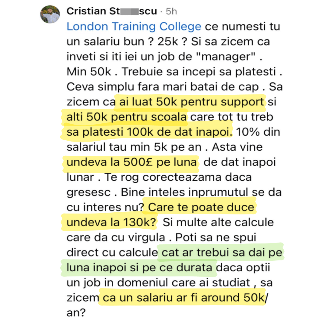 Captură de ecran - comentariu Facebook despre calculul Student Finance